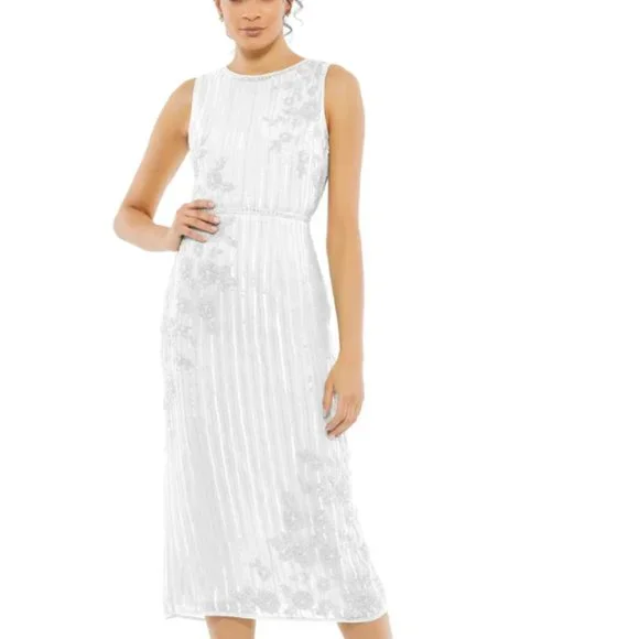 knee length dresses for ladies White Sleeveless High Neck Beaded Midi Sheath Dress main image 1